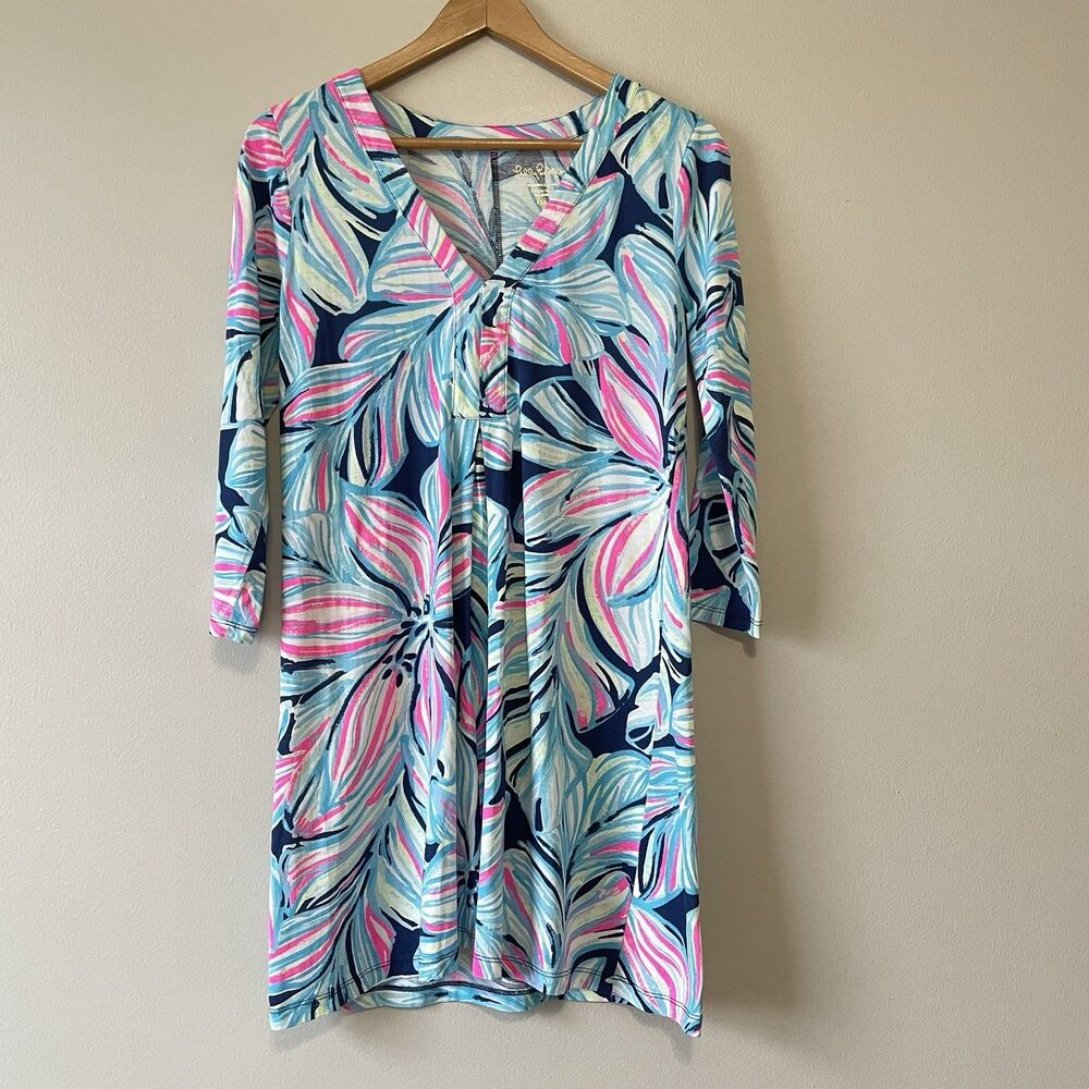 Lilly Pulitzer Amina Dress S High Tide V-Neck 3/4 Sleeve Floral Tropical Beach